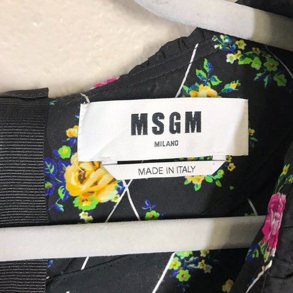 MSGM Black Diamond Floral Print Large Collared Neckline Puff Sleeve Romper - Picture 2 of 13